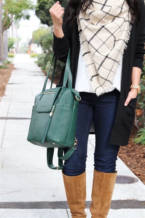 Green Leather Lily Jade Bag Outfit Blanket Scarf Skinnies Boots Casual Outfits Spring