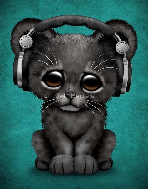 Cute Black Panther Cub Dj Wearing Headphones On Blue By Jeff Bartels