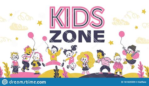 Kids Zone Background Decor Banner With Happy Playful Kids In Hand Drawn