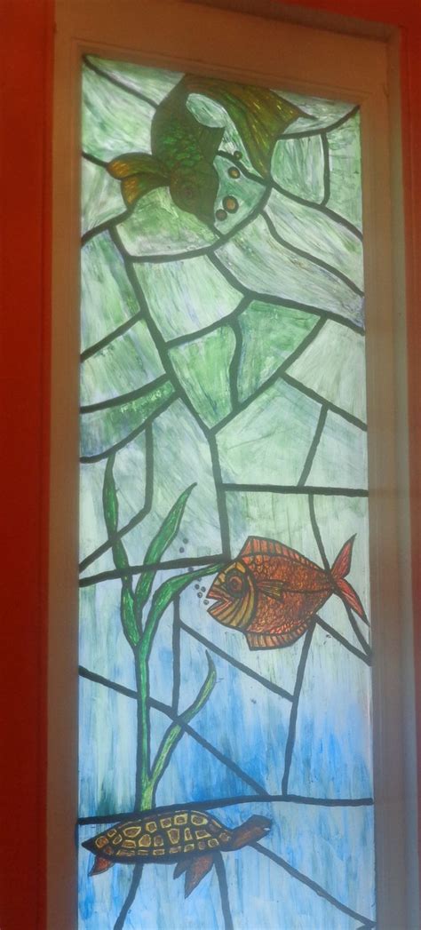 Interior Faux Stained Glass Window Film With A Picture Of A Fish And
