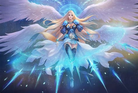 Angel Pretty Wings Blonde Bonito Fantasy Anime Ligth Blue Hd Wallpaper Peakpx