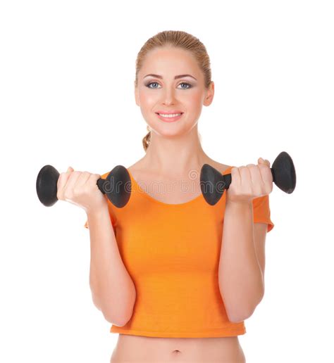 Young Pretty Slim Blond Woman With Dumbbell Isolated Cheerful Smiling