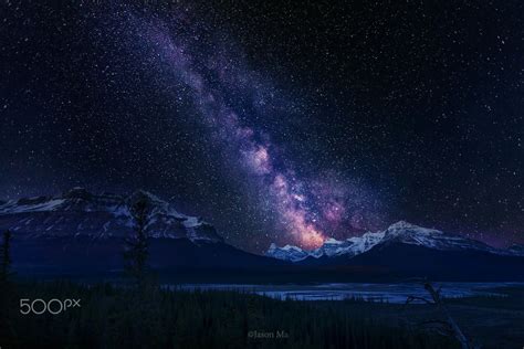 Starry Night Starry Sky Over Rocky Mountains In Banff National Park