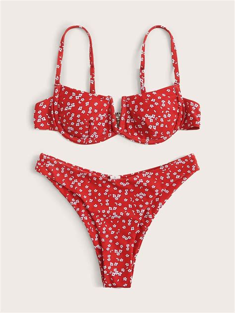 Ditsy Floral V Wired High Cut Bikini Swimsuit Romwe