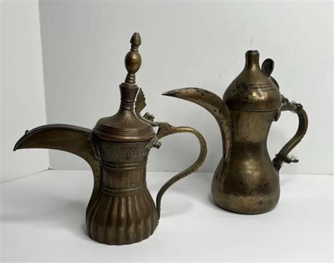 PAIR ANTIQUE ARABIC Middle Eastern DALLAH Brass Copper Engraved Coffee