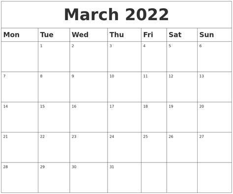 Printable Calendar For March 2022 Calendar Template 2023