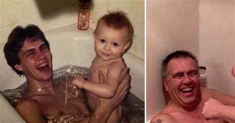 Padre e hijo repiten esta foto desnudos en la bañera 20 años después
