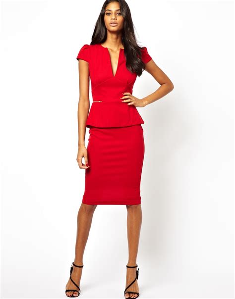 lyst asos sexy pencil dress with peplum waist and zip detail in red