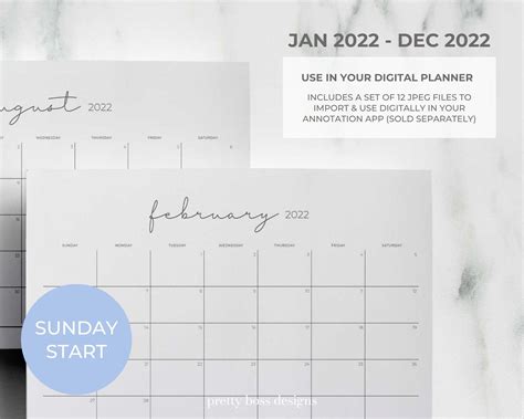 2022 Monthly Calendar Minimal Planner Printable Sunday Start A4