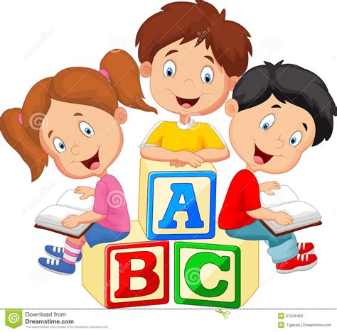 Children Cartoon Reading Book And Sitting On Alphabet