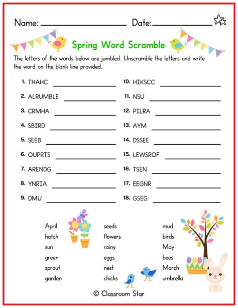 Spring Word Scramble Game Classroom Star Worksheets