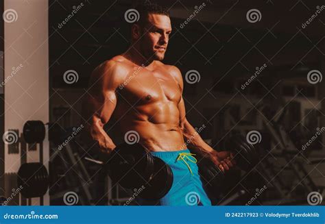 Biceps Dumbbells Exercises Bodybuilder In Gym Training And Workouts Sportsman With Shirtless