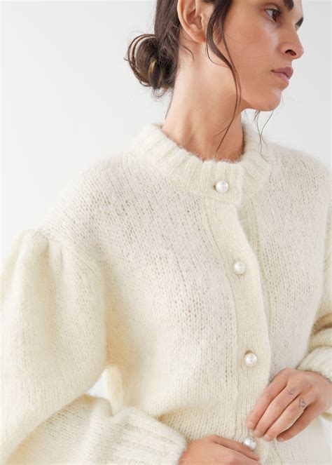 Pearl Button Puff Sleeve Cardigan White Cardigans And Other Stories Angora Sweater Mohair