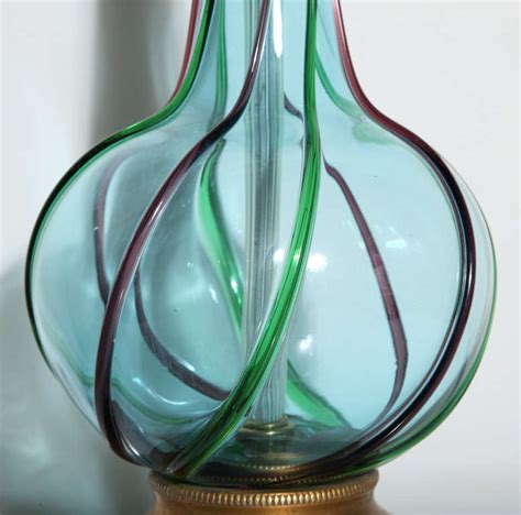Tall Murano Art Glass Turquoise Table Lamp With Emerald And Purple