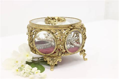 Victorian Style Vintage Gilt And Beveled Glass Jewelry Trinket Box Matson
