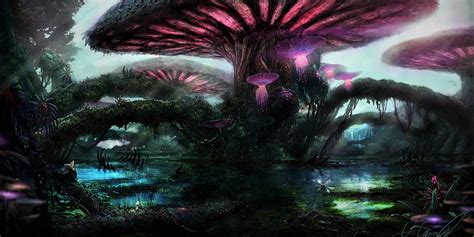 Hd Wallpaper Fantasy Forest Magical Mushroom Purple Tree