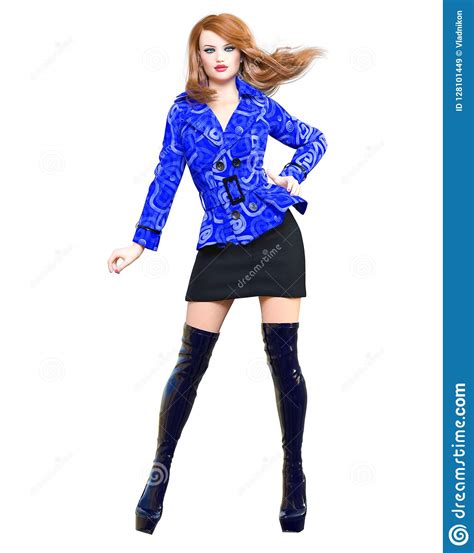 3d Beautiful Redhead Woman Short Windbreaker Outfit Skirt Long Boots Stock Illustration