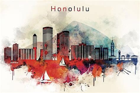 Honolulu Digital Poster City Skylinehawaii Watercolor Honolulu
