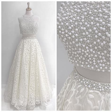 Two Piece White Long Prom Dress With Pearls On Luulla
