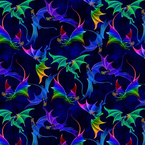 SPECIALTY FABRICS Rainbow Flying Dragons On Navy Rainbow Dragon By