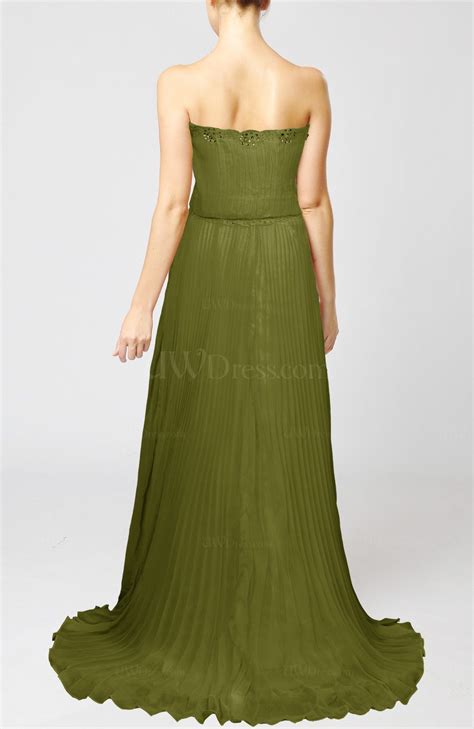 Olive Green Casual Garden Strapless Zip Up Chiffon Sweep Train Pleated