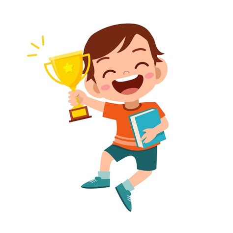 Premium Vector Happy Cute Kid Boy Win Game Gold Trophy