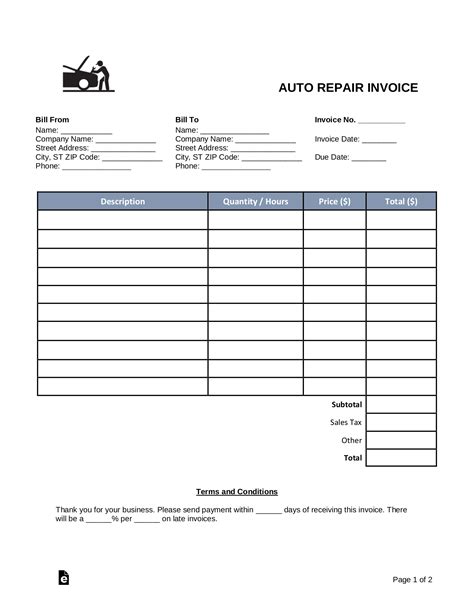Pdf Free Printable Auto Repair Invoice Template
