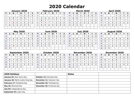 2020 Holiday List Printable