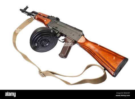 Akm Avtomat Kalashnikova Kalashnikov Assault Rifle With 75 Round Drum Magazine Isolated Stock