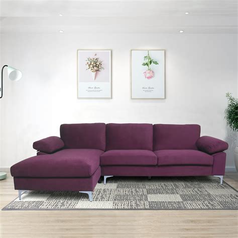 Home Modern Large Velvet Fabric Sectional Sofa L Shape Couch Purple