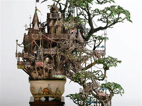 It's no wonder a former maze illustrator is the architect behind these incredibly detailed bonsai sculptures made of clay, epoxy putty, copper line, plastic, and resin. Takanori Aiba | Cool tree houses, Bonsai diy, Bonsai