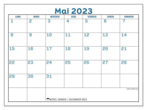 Calendrier Mai 2023 à Imprimer “49ld” Michel Zbinden Fr