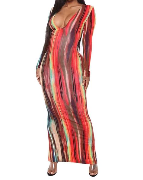 Buy Kafiloe Women Sexy V Neck Bodycon Maxi Dress Long Sleeve Tie Dye