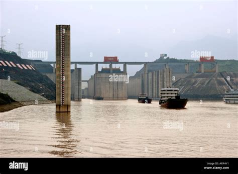 cargo ships leaving the last of the ship locks at the three gorges dam three hours after