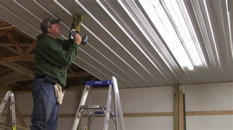 For installations in regions with seismic concerns. #33 Pole Barn Menard's Pro-Rib Steel Ceiling Install with ...