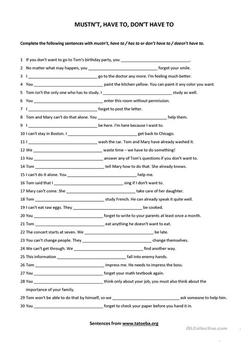 (2) does / have to, etc. MUSTN'T, HAVE TO, DON'T HAVE TO - English ESL Worksheets ...