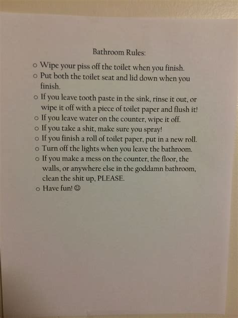 Bathroom Rules For Your Roommates Lol Funny Roommates Honest College Lol Roommate Rules