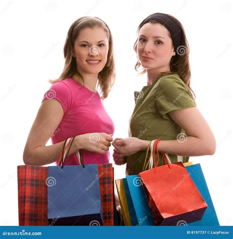 Two Girls With Shopping Bags Isolated On White Stock Image Image Of Attractive Mania 8197737