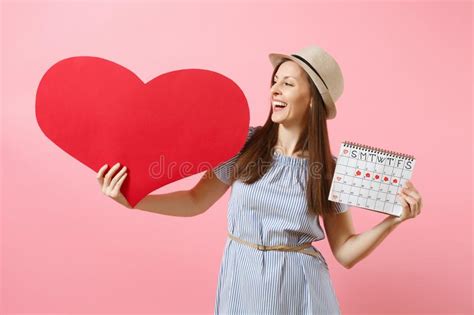 Happy Woman In Blue Dress Summer Hat Holding Empty Blank Big Red Heart