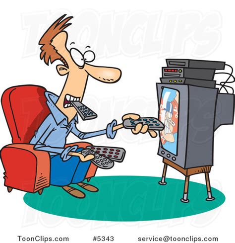 Cartoon Guy Holding Many Remotes And Watching Tv 5343 By Ron Leishman