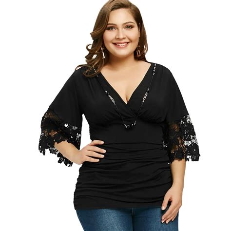 gamiss women plus size 5xl ruched empire waist t shirt with necklace casual sexy v neck three