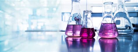 Purple Glass Flask In Blue Research Chemistry Science Banner Laboratory