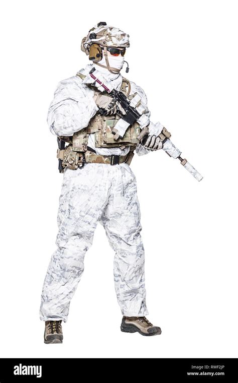 Special Forces Operator Of Navy Seals Armed With Assault Rifle Stock
