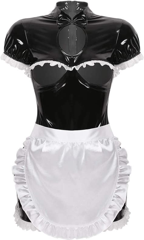 Freebily Womens French Maid Cosplay Costume Wet Look Pvc Leather Bodycon Mini Dress With Apron