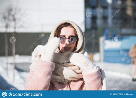 Beautiful And Stylish Russian Girl Model In Winter On The Street Of