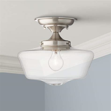 Hangs approximately 4 inches to 8 inches from the ceiling. Schoolhouse Floating 12"W Brushed Nickel Clear Ceiling ...