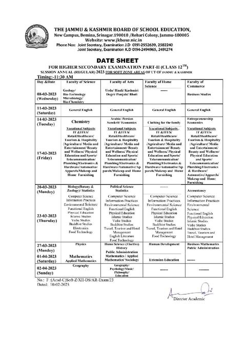 Jkbose Class 12 Date Sheet 2023 For Annual Regular 2023 Soft Zone Jk Ut