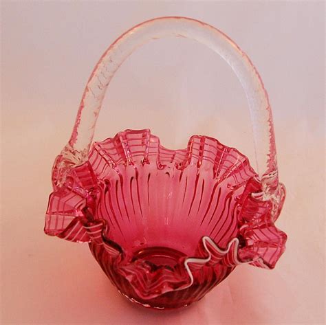 Vintage Fenton Style Cranberry Art Glass Basket White Stripes Ruffled Sold On Ruby Lane