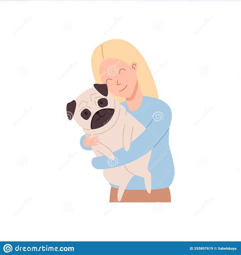Woman Or Young Girl Hugging Pug Dog Flat Cartoon Vector Illustration