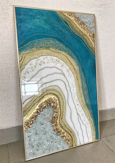 Geode Wall Art Blue And Gold Resin Original Painting Epoxy Etsy